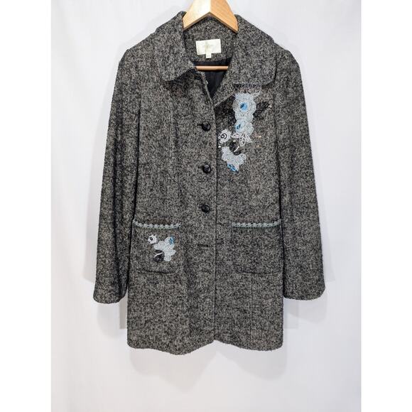 Chaber Wool Mulberry Silk Embroidered Tweed Longline Coat Gray Blue Size S - Picture 9 of 12